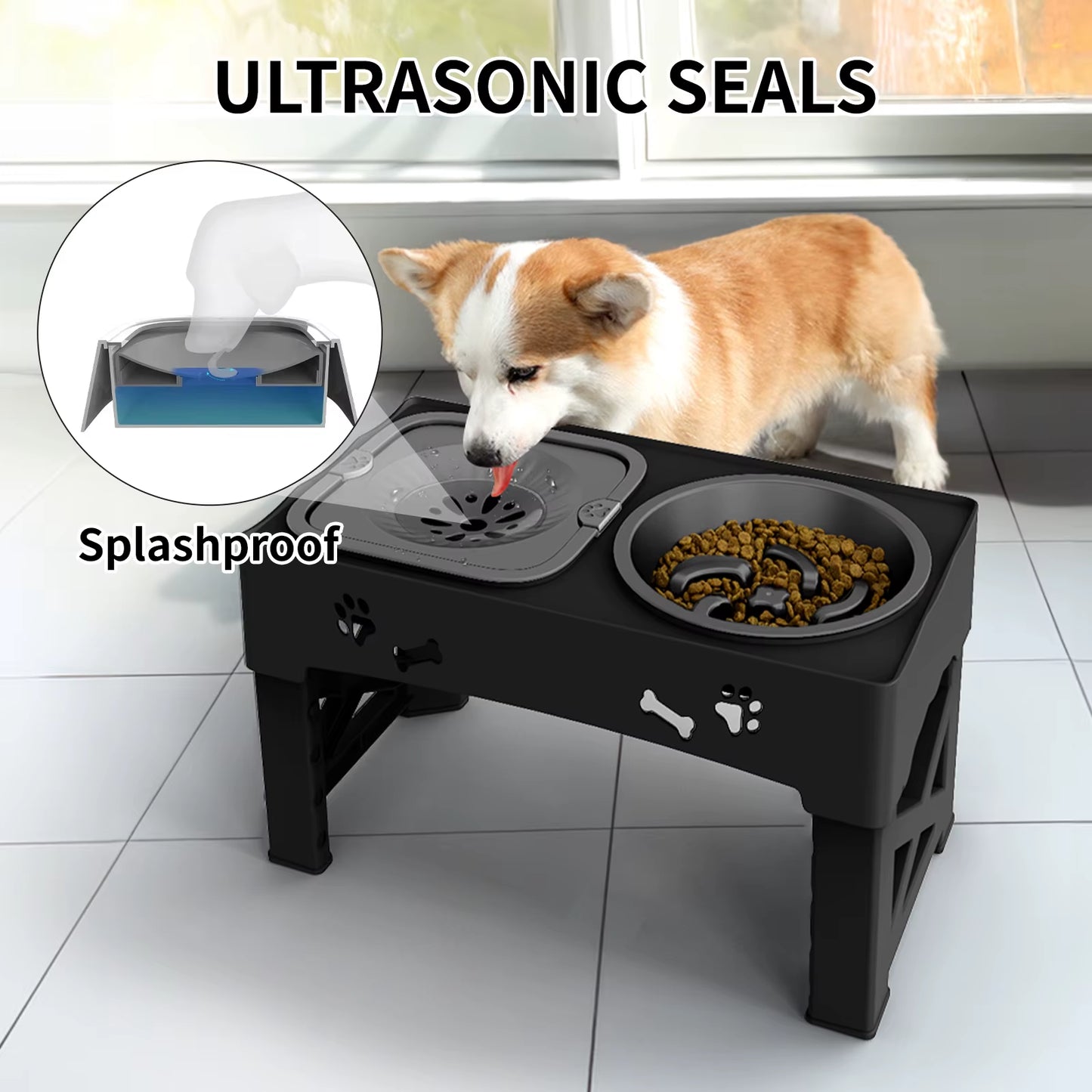 3 in 1 Adjustable Height Pet Slow Feeder and Splash-proof Water Bowl
