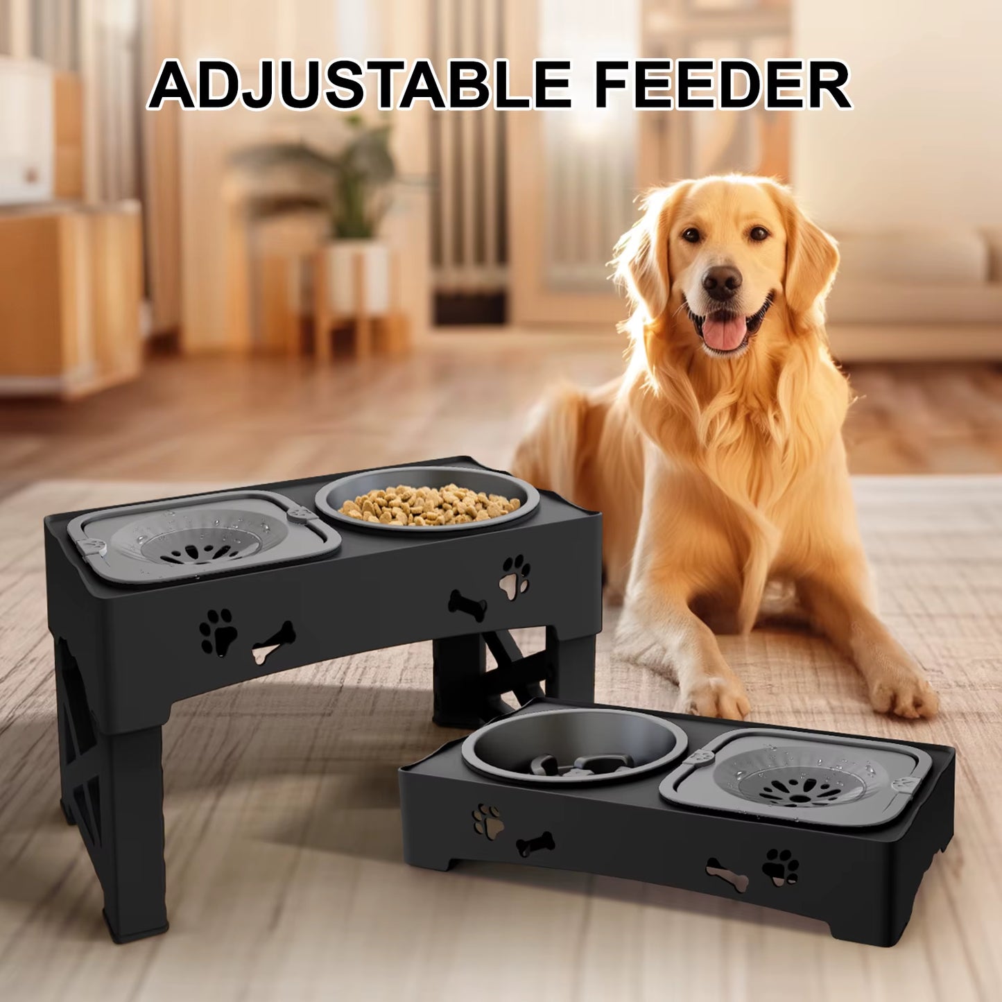 3 in 1 Adjustable Height Pet Slow Feeder and Splash-proof Water Bowl