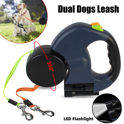 Retractable Reflective Dual Pet Leash Lead with Lights 