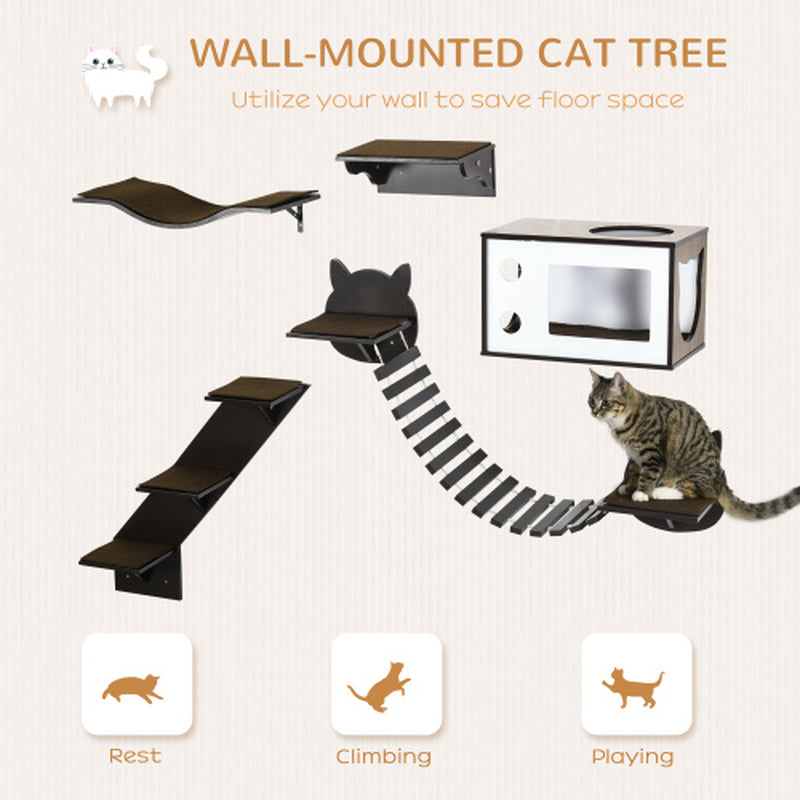 Pawhut Cat Shelves with Ergonomically Curved Platform, Cozy Cat House, Bridge, Easy Stairs, and Flat Perch, Wall-Mounted Cat Tree Climbing Playground, Modern Cat Tree, Coffee Brown