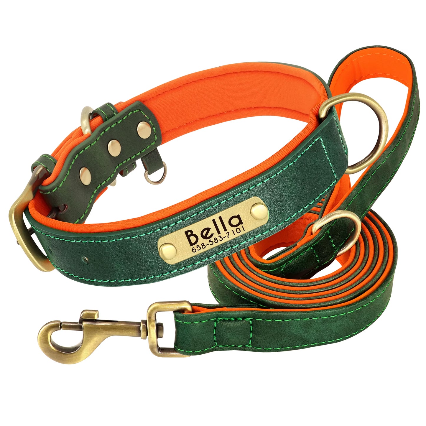 Customized Leather Soft Padded Dog Collar -Leash  with Free Engraved Nameplate