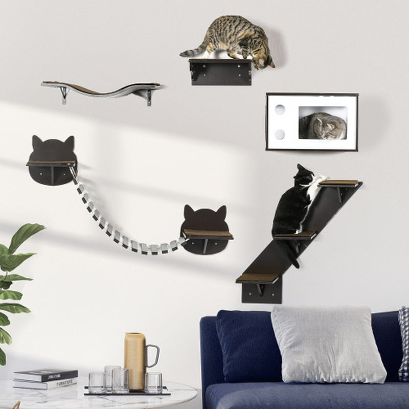 Pawhut Cat Shelves with Ergonomically Curved Platform, Cozy Cat House, Bridge, Easy Stairs, and Flat Perch, Wall-Mounted Cat Tree Climbing Playground, Modern Cat Tree, Coffee Brown