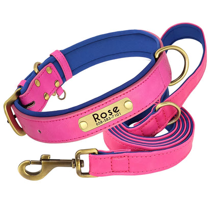 Customized Leather Soft Padded Dog Collar -Leash  with Free Engraved Nameplate